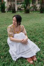 Mariposa skirt styled with Palmier blouse, full length side view