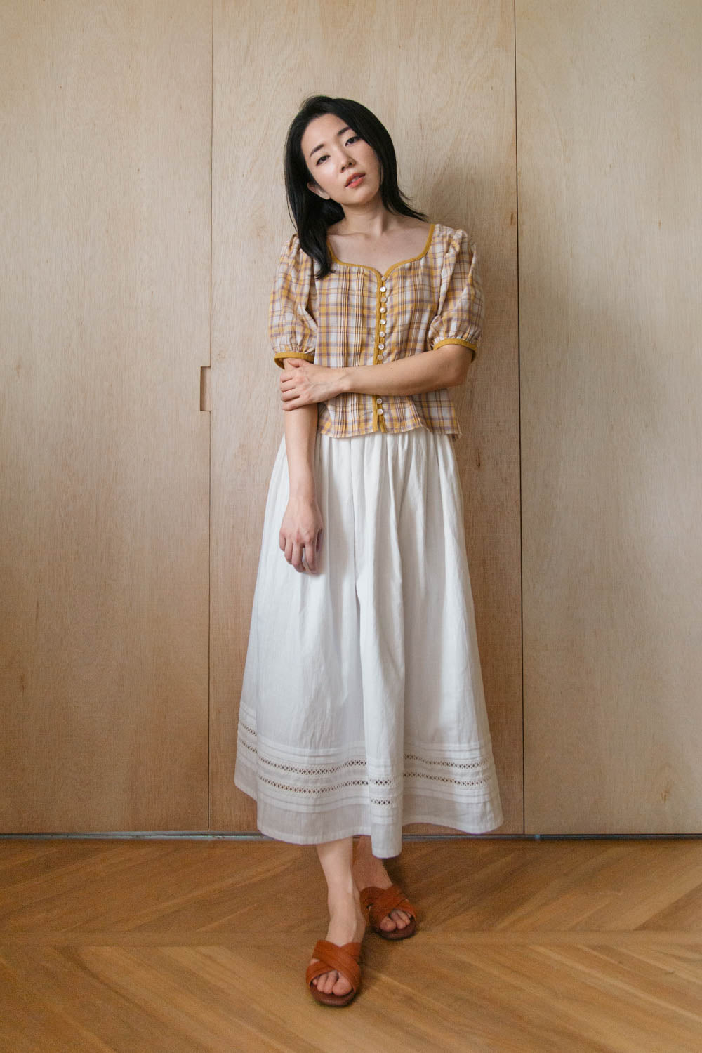 Deadstock cotton A-line skirt with scalloped lace hem, styled full length