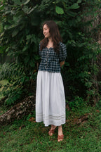 Puff sleeve blouse in Juniper deadstock cotton, front view