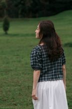 Palmier blouse with deadstock cotton, checkered navy deadstock fabric, back view