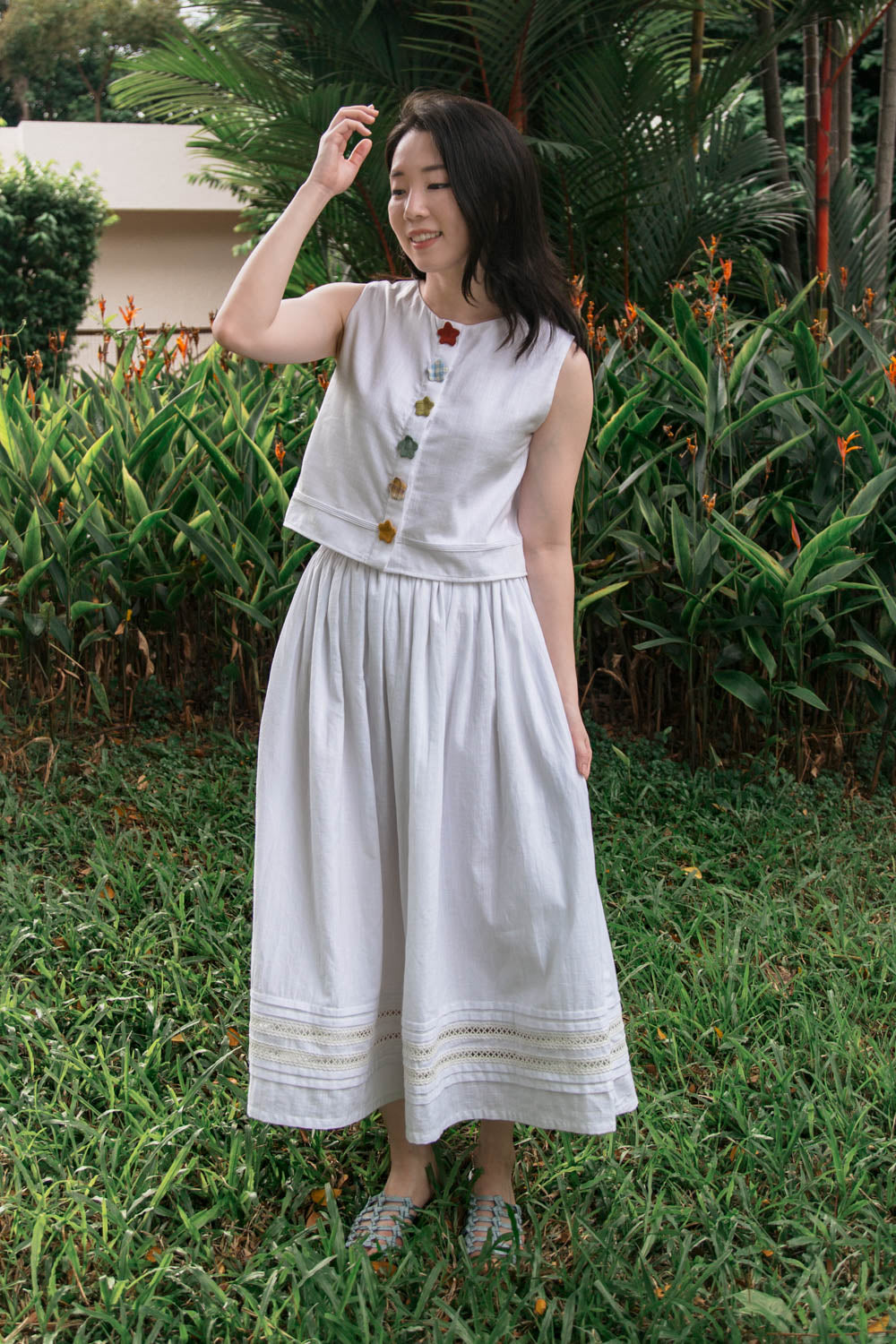 Wallflower top paired with Mariposa skirt, full outfit styled view